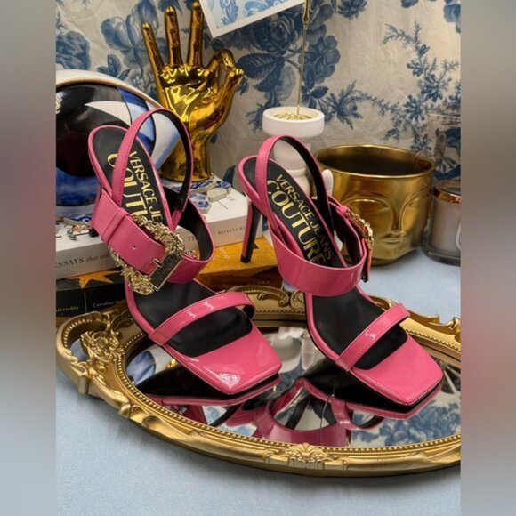 🆕 VERSACE JEANS COUTURE 🧿 NWOB Pink Buckle-Fastening Heeled Sandals Sz 37 US 7 - Picture 3 of 13